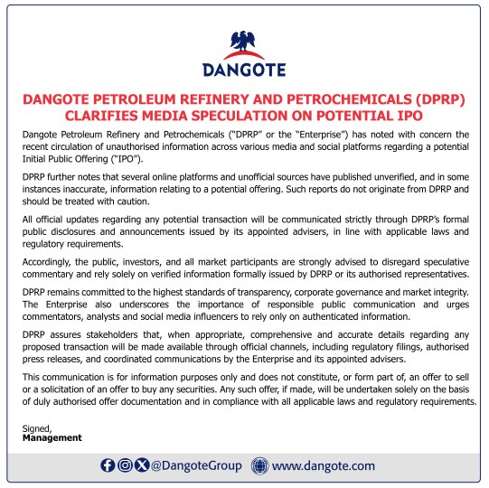 DANGOTE PETROLEUM REFINERY & PETROCHEMICALS FZE (DPRP) CLARIFIES MEDIA SPECULATION ON POTENTIAL IPO