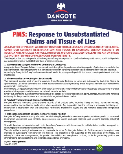 Dangote Refinery Refutes False Claims on PMS Export and Re-importation